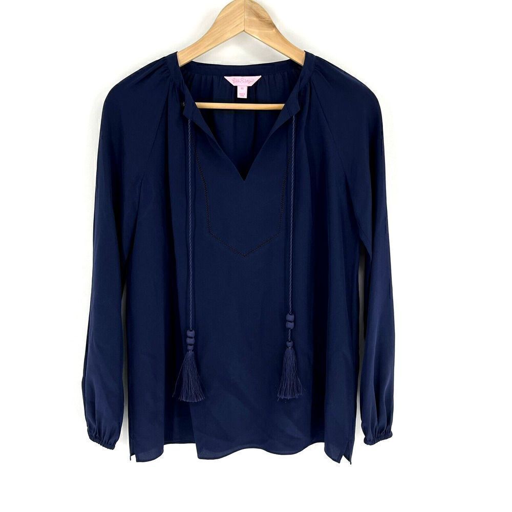 Lilly Pulitzer Shirt Size XS Navy Saria Top Long Sleeve Silk Blouse Tassel Ties
